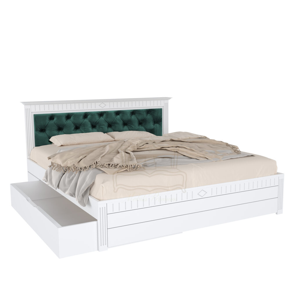 Enjoy comfort and organization with a wooden bed with drawers, size 140x200 4 Adele covered with green coating with drawer, massive wood, white
