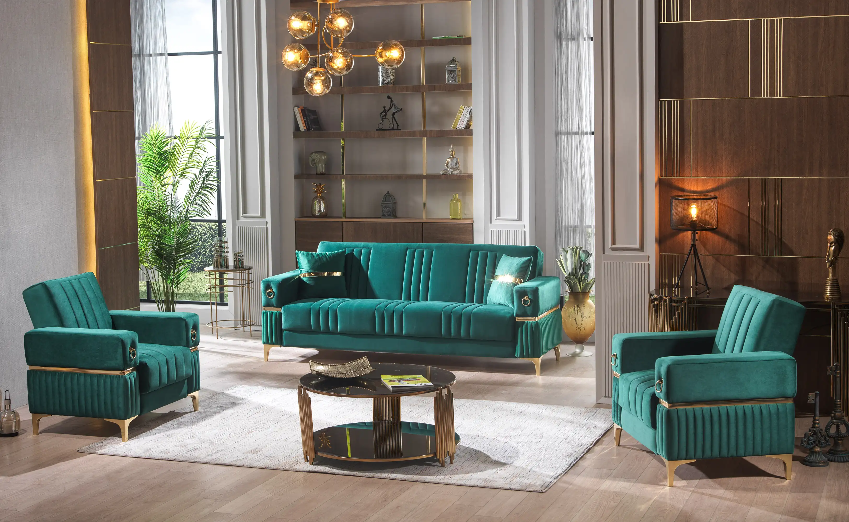 Extendable sofa sets and semi-extractable armchairs and armchairs