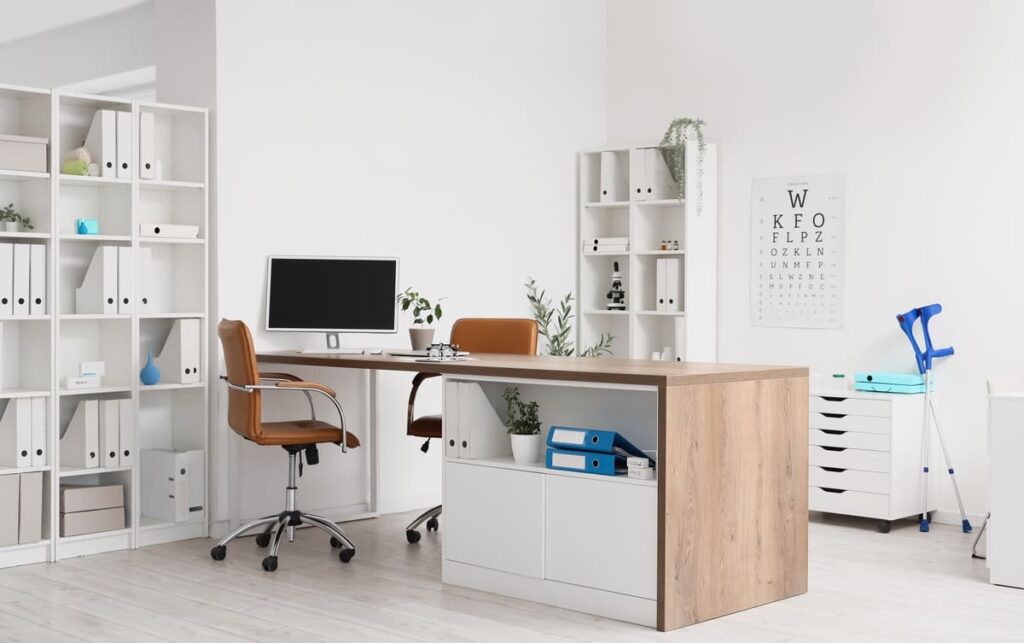 Working space with the library with a white office built