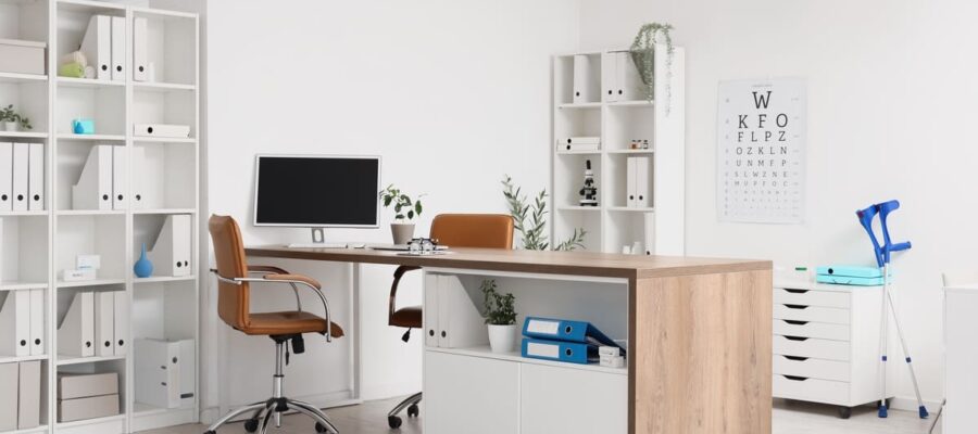 Working space with the library with a white office built